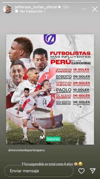 Publicación de Jefferson Farfán sobre los jugadores más influyentes de la selección peruana en las Eliminatorias.