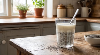 Un vaso transparente con leche y semillas de chía contiene una cuchara sobre una mesa de madera junto a un tazón con semillas.