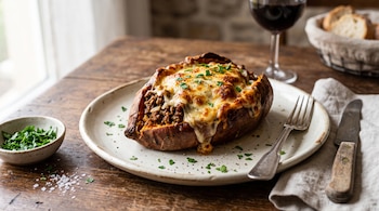 Un boniato relleno de carne y queso gratinado sobre un plato, acompañado de un tenedor, un cuchillo y una copa de vino tinto.