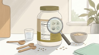 Dibujo de un envase de proteína en polvo con lupa sobre su etiqueta nutricional. Se ven cucharas medidoras, semillas, un vaso de agua y un tazón de avena en una mesa clara.