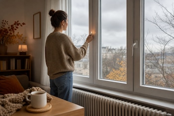 Una mujer de espaldas sostiene un encendedor encendido junto a una ventana cerrada, un radiador blanco y una taza sobre la mesa.