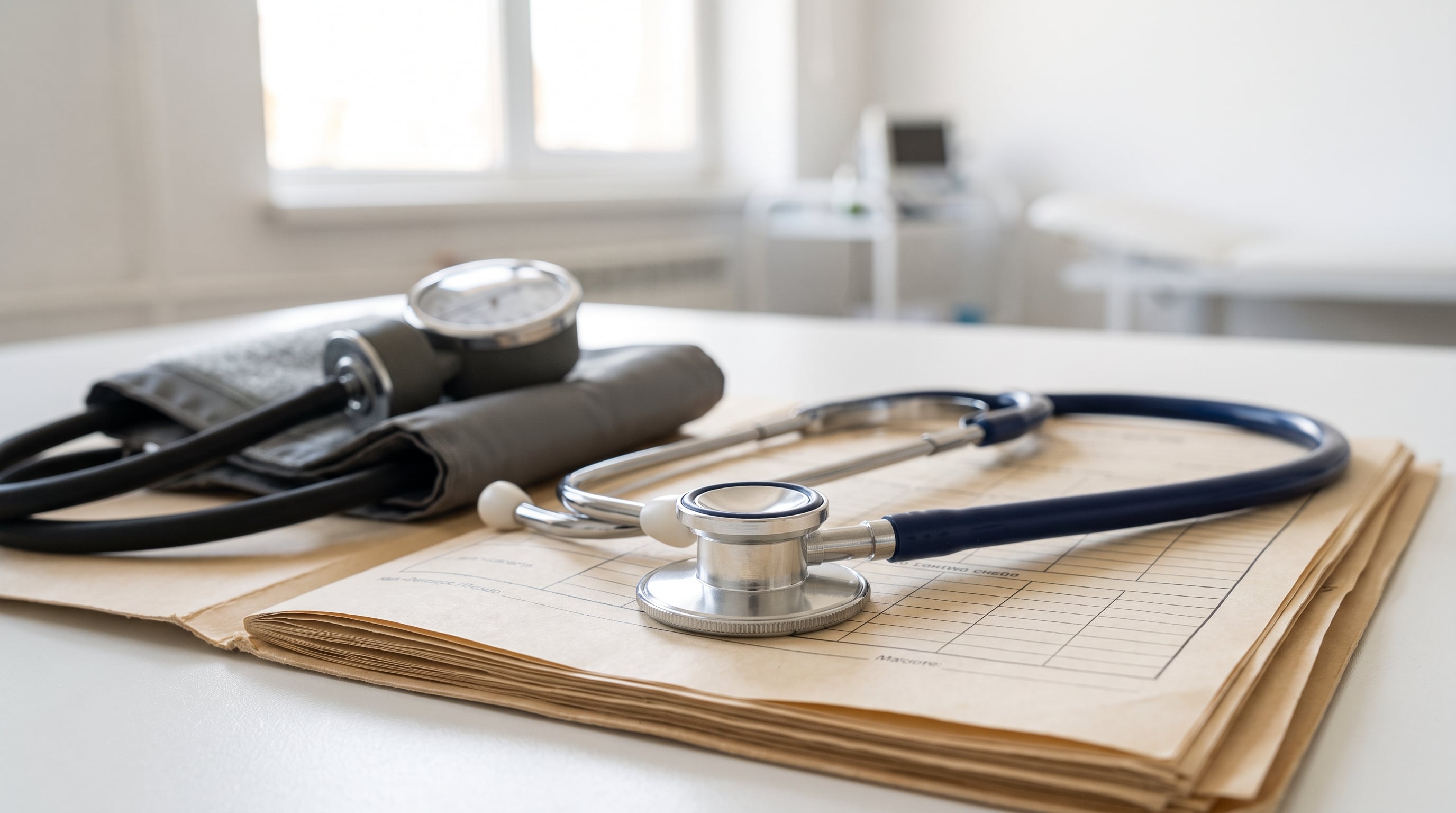 Un estetoscopio y un tensiómetro reposan sobre una carpeta de historial clínico para controles prenatales dentro de un consultorio médico. (Imagen Ilustrativa Infobae)