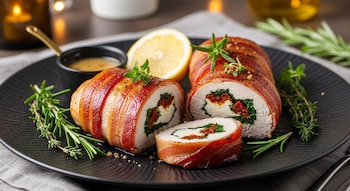Primer plano de pechuga de pollo rellena y envuelta en tocino, cortada para revelar espinacas, queso y tomates secos, adornada con romero y limón.