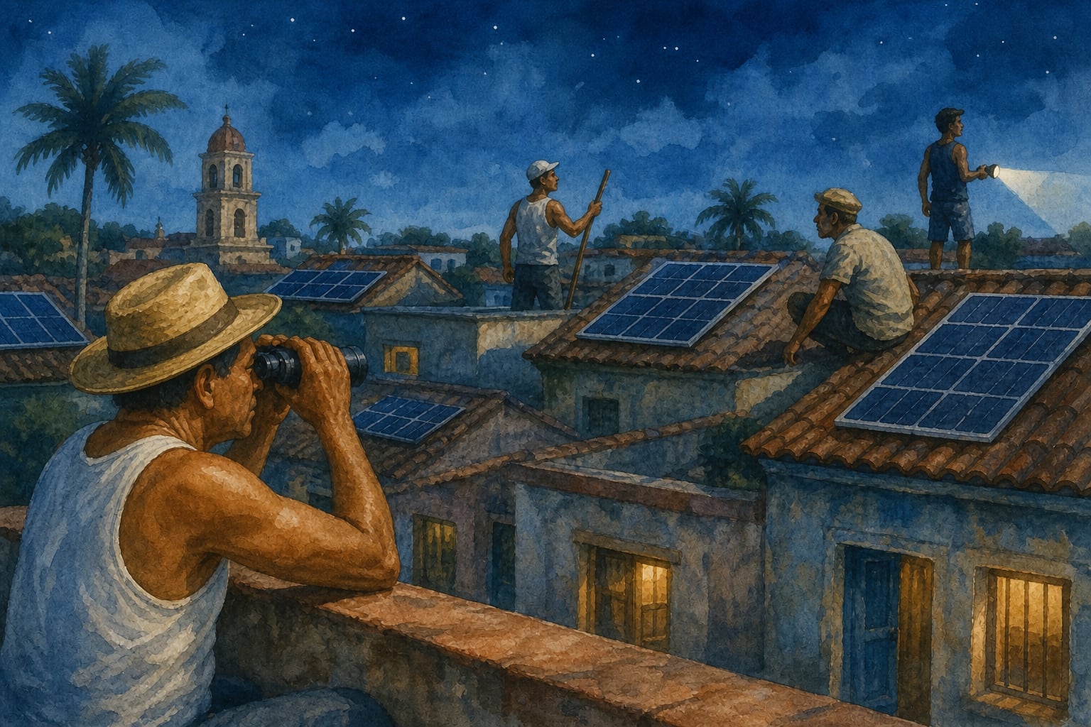 Varias personas vigilan desde los techos de sus viviendas la seguridad de los paneles solares instalados en un poblado cubano durante la noche. (Imagen Ilustrativa Infobae)
