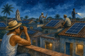 Ilustración en acuarela de varios hombres sobre tejados nocturnos con binoculares y linterna junto a paneles solares.