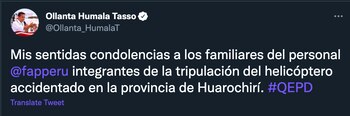 Ollanta Humala envía condolencias por