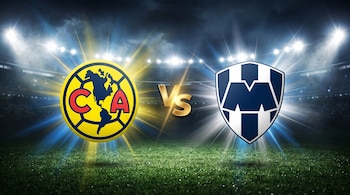 Los emblemas del Club América y el Club de Fútbol Monterrey con las letras Vs en medio sobre el césped de un estadio.