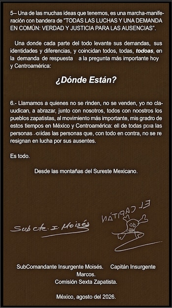 Texto de un comunicado con secciones numeradas, preguntas, firmas manuscritas de SubComandante Insurgente Moisés y Capitán Insurgente Marcos, y fecha de agosto de 2026.