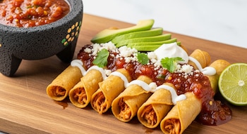 Un plato de flautas de pollo mexicanas con salsa tatemada en un molcajete, aguacate rebanado, crema, queso, cilantro y una mitad de lima.