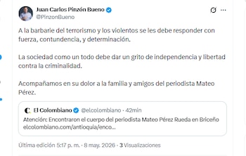 El exministro Juan Carlos Pinzón Bueno expresó su rechazo ante el asesinato del periodista Mateo Pérez - crédito @PinzonBueno/X