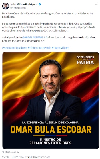 John Milton Rodríguez felicitó a Omar Bula Escobar tras ser anunciado como próximo canciller - crédito @JohnMiltonR_/X