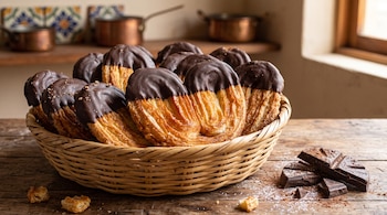 Cesta de mimbre con pan dulce de hojaldre bañado en chocolate sobre una mesa de madera junto a trozos de chocolate.