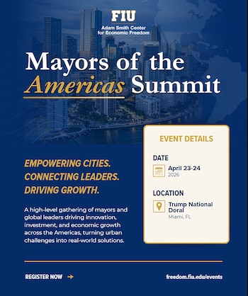 Póster promocional de la Cumbre de Alcaldes de las Américas con skyline de ciudad de Miami y detalles de fecha y lugar del evento