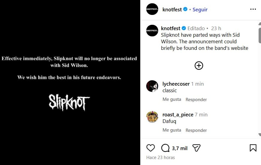 El anuncio oficial permanece en la página de Instagram de Knotfest, pero fue eliminado del sitio web de la banda. (Captura)