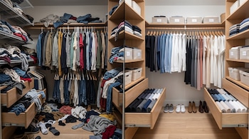 Vestidor dividido en dos partes: el lado izquierdo contiene ropa amontonada y el derecho muestra prendas ordenadas en cajones y percheros.