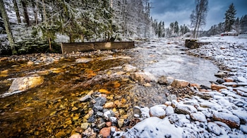 Un río rocoso fluye con agua clara en un paisaje invernal. Las orillas están cubiertas de nieve y árboles, con rocas visibles en el agua y una casa roja a lo lejos.