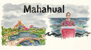 Ilustración acuarela de Mahahual dividida: a la izquierda, un parque acuático; a la derecha, una mujer en un podio frente a un mar contaminado con desechos.
