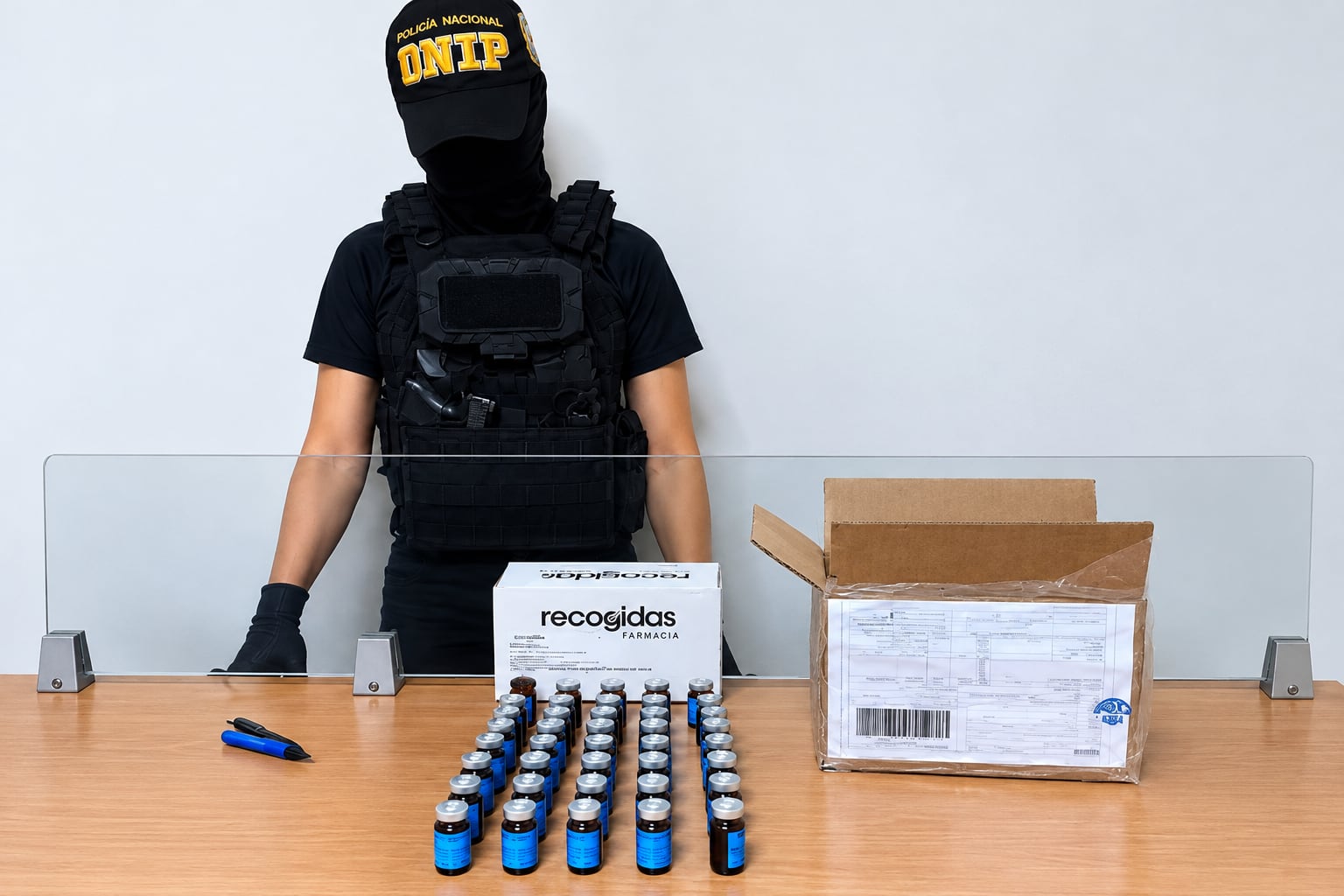 La Policía Nacional interceptó 50 frascos cilíndricos con presunta heroína durante una diligencia de allanamiento en un centro de procesamiento postal de Tocumen. Tomada de la PN