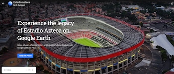 Imagen aérea del Estadio Azteca con campo de fútbol, graderías, estructuras circundantes y texto promocional de Google Earth