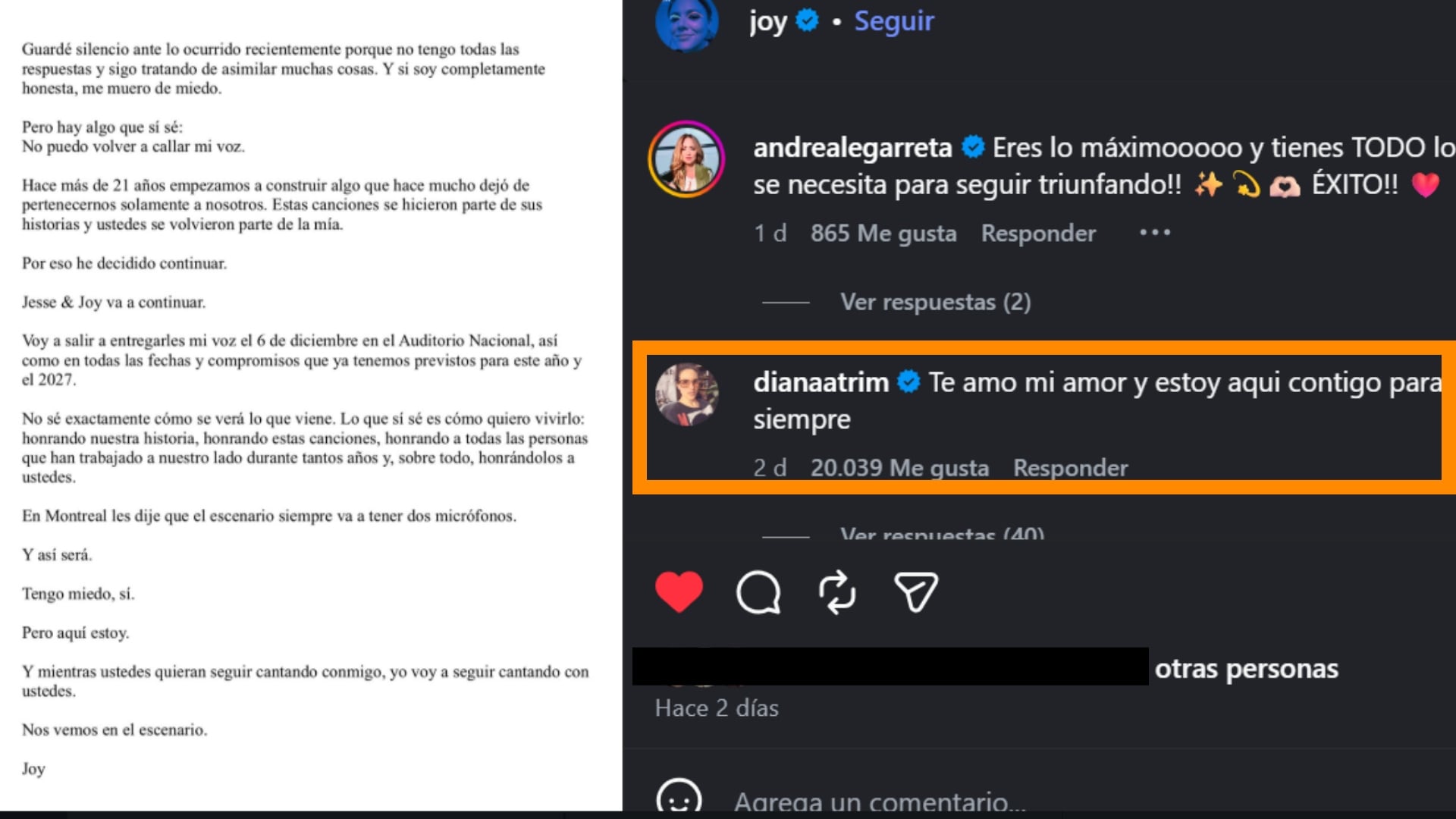 La esposa de Joy Huerta envió un emotivo mensaje de respaldo a la cantante.(Instagram)