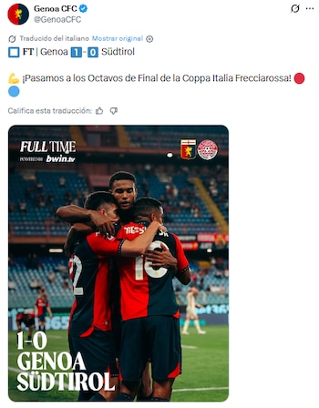 Johan Vásquez marcó de cabeza al minuto 87 y el Genoa venció 1-0 al Südtirol para clasificar a octavos de final de la Coppa Italia. (X/ @GenoaCFC)