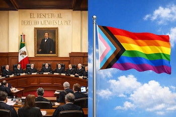 Imagen dividida mostrando a la izquierda el pleno de la SCJN con jueces, bandera mexicana y retrato de Benito Juárez, y a la derecha una bandera LGBTQ+ ondeando.