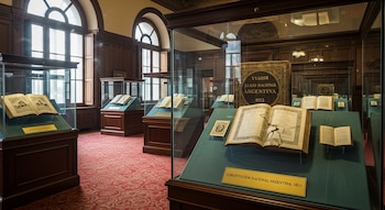 Sala de museo histórica con alfombra roja, paredes de madera y ventanas arqueadas. Vitrinas de vidrio exhiben libros antiguos, uno es la Constitución Argentina de 1853.