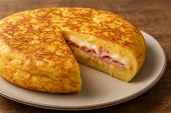Una tortilla española a la que le falta un corte triangular, mostrando su relleno de jamón y queso sobre un plato.