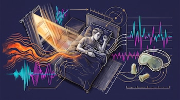 Dibujo de un hombre durmiendo en cama rodeado de ondas de luz, gráficos de sonido, un reloj inteligente, tapones para oídos y un antifaz