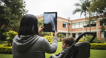 Una mujer, vista de espaldas, sostiene una radiografía de una pierna frente a un niño pequeño sentado en un cochecito, en un jardín con un edificio al fondo.