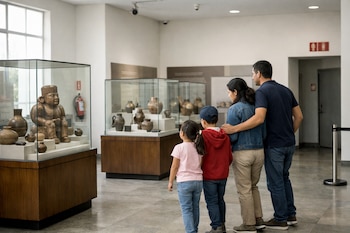 Una familia de cuatro personas observa piezas arqueológicas en vitrinas de cristal dentro de una sala de museo con paredes blancas y ventanales.