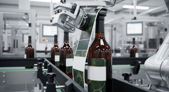 Primer plano de un brazo robótico aplicando etiquetas verdes con patrones dorados a botellas de vidrio oscuro en una cinta transportadora de una fábrica automatizada.