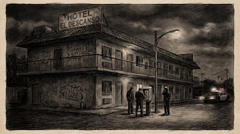 Dibujo en sepia de un hotel El Descanso de dos pisos con grafitis, una farola, un teléfono público con tres hombres alrededor y un coche de policía con luces.