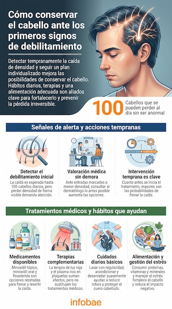 Infografía con consejos para conservar el cabello. Muestra un hombre con folículos, iconos de diagnóstico y tratamiento, y secciones sobre cuidados y dieta. Logotipo Infobae.