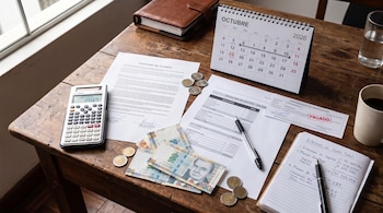 Un escritorio de madera con billetes de 100 soles, monedas, una calculadora, documentos de crédito, un cuaderno y un calendario de 2026.