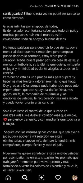 Mensaje de Santiago Arias tras la lesión de tobillo
