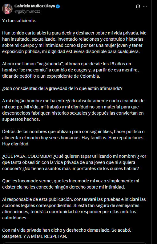 Gabriela Muñoz aseguró que conservará las pruebas de los mensajes y sostuvo que la persona que hizo esas afirmaciones deberá responder ante las autoridades - crédito @gabymunozz_/X