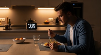 Hombre joven caucásico, perfil, cenando solo en una cocina moderna con iluminación cálida; un reloj digital en el fondo muestra las 9:30 PM.