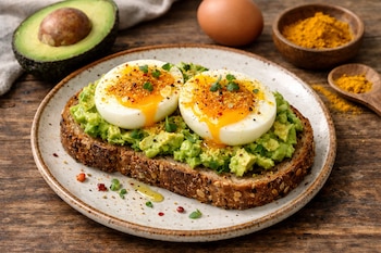 Un plato con tostada de pan integral, aguacate triturado, dos huevos cocidos, especias y hierbas; junto a medio aguacate, un huevo crudo y cúrcuma en polvo.