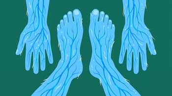 Dos manos y dos pies de color celeste, con venas azules y líneas blancas, sobre un fondo verde oscuro.