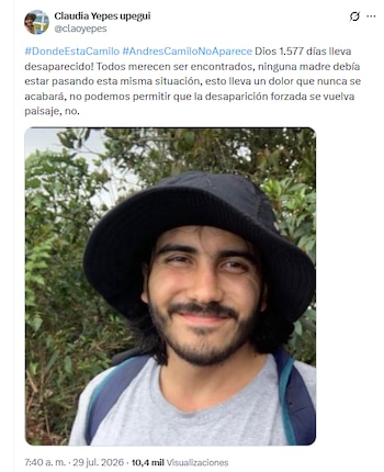 Desde la desaparición de su hijo, Claudia Yepes mantuvo una búsqueda constante y convirtió sus publicaciones diarias en una forma de reclamar verdad y justicia - crédito @claoyepes/X