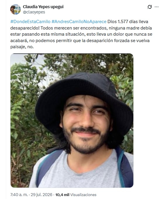 Desde la desaparición de su hijo, Claudia Yepes mantuvo una búsqueda constante y convirtió sus publicaciones diarias en una forma de reclamar verdad y justicia - crédito @claoyepes/X