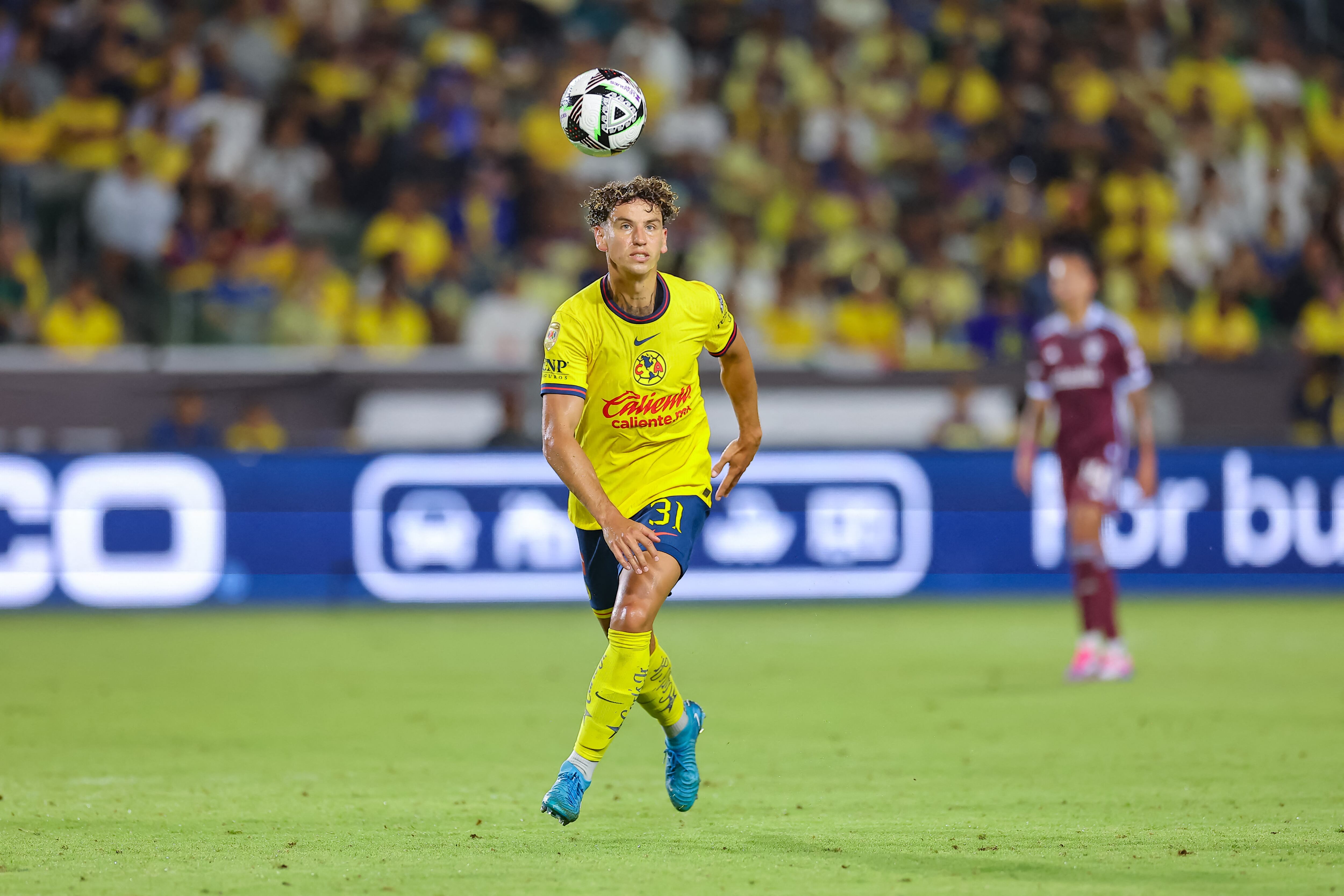 Aug 17, 2024; Carson, California, USA; Club America defender Igor Lichnovsky (31) controls the ball in a Leagues Cup quarterfinal match at Dignity Health Sports Park. Mandatory Credit: William Navarro-USA TODAY Sports