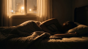 Una persona está acostada en su cama, parcialmente cubierta. La luz cálida del exterior entra por una ventana con cortinas, creando un ambiente tenue.