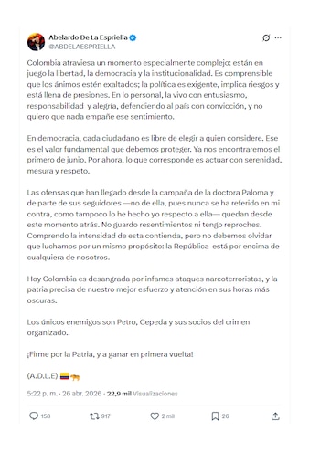 Abelardo de la Espriella hizo un llamado a la tregua con la campaña de Paloma Valencia