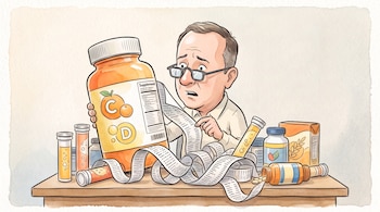 Ilustración de un hombre con gafas que sostiene un frasco de vitaminas con una etiqueta larga sobre una mesa con envases de suplementos.