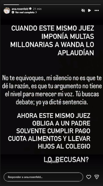 Captura de pantalla de una historia de Instagram de @ana.rosenfeld con texto en blanco sobre fondo negro, incluyendo su foto de perfil y el identificador de usuario