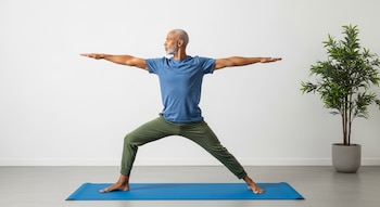 Hombre de edad avanzada con barba cana en camiseta azul y pantalón verde realiza postura de yoga sobre esterilla azul frente a pared blanca con planta en maceta.