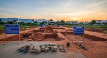 Yacimiento arqueológico con excavaciones en tierra rojiza, herramientas dispersas y carteles informativos. Casas y montañas bajo un cielo crepuscular.