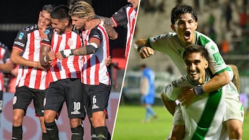 Izquierda: tres futbolistas con camisetas rojiblancas celebran. Derecha: dos futbolistas con camisetas verdes y blancas se abrazan en festejo